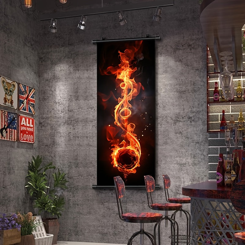 Single piece music-themed hanging scroll featuring a flame guitar, ideal for wall decor in bathrooms, bedrooms, and living rooms. Dimensions: 40.64cm x 99.06cm. Aesthetic addition to any room.