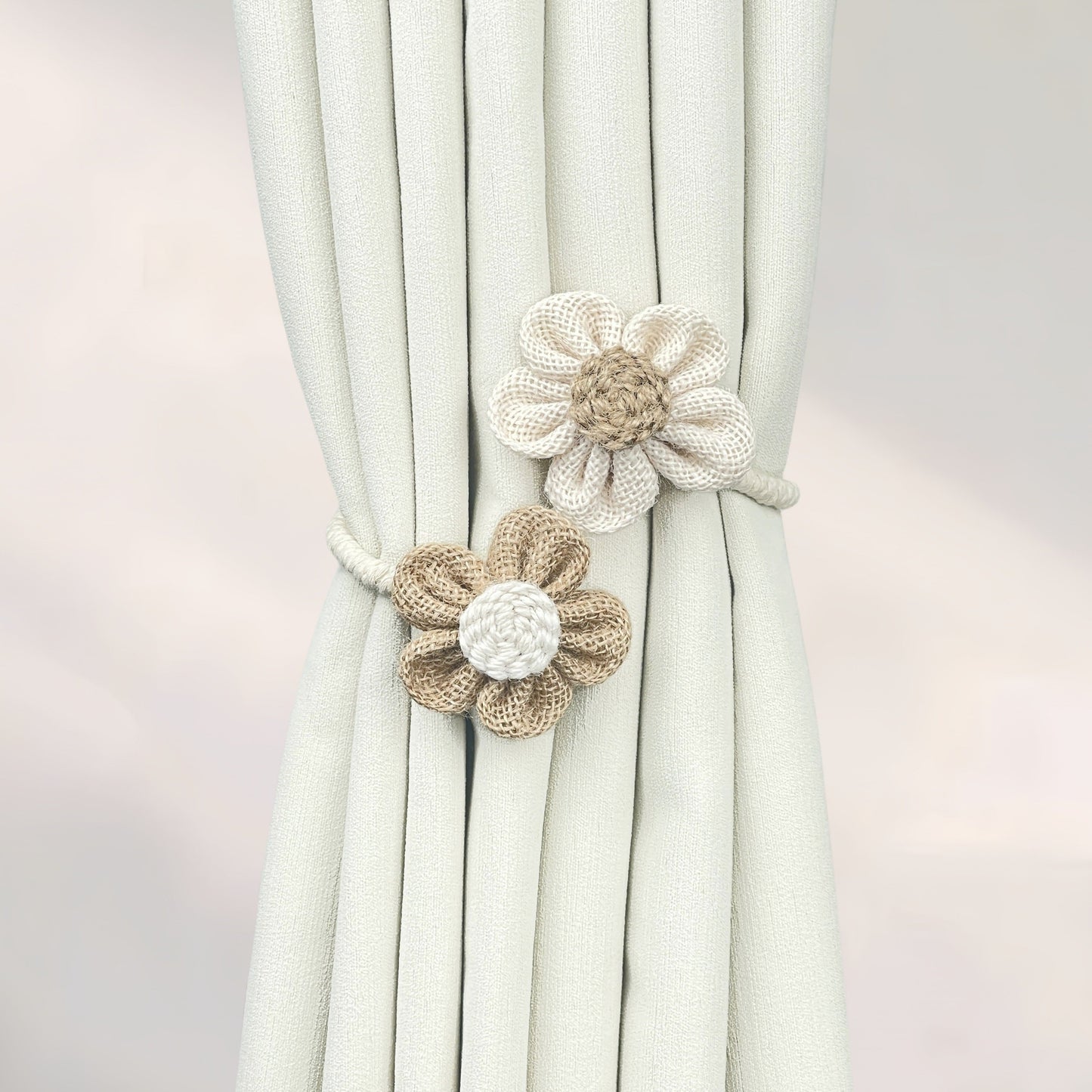 Multipack of handcrafted flower knot curtain tiebacks made from boho style cotton and linen - perfect decorative holdback clips for living room, bedroom, and home decor.