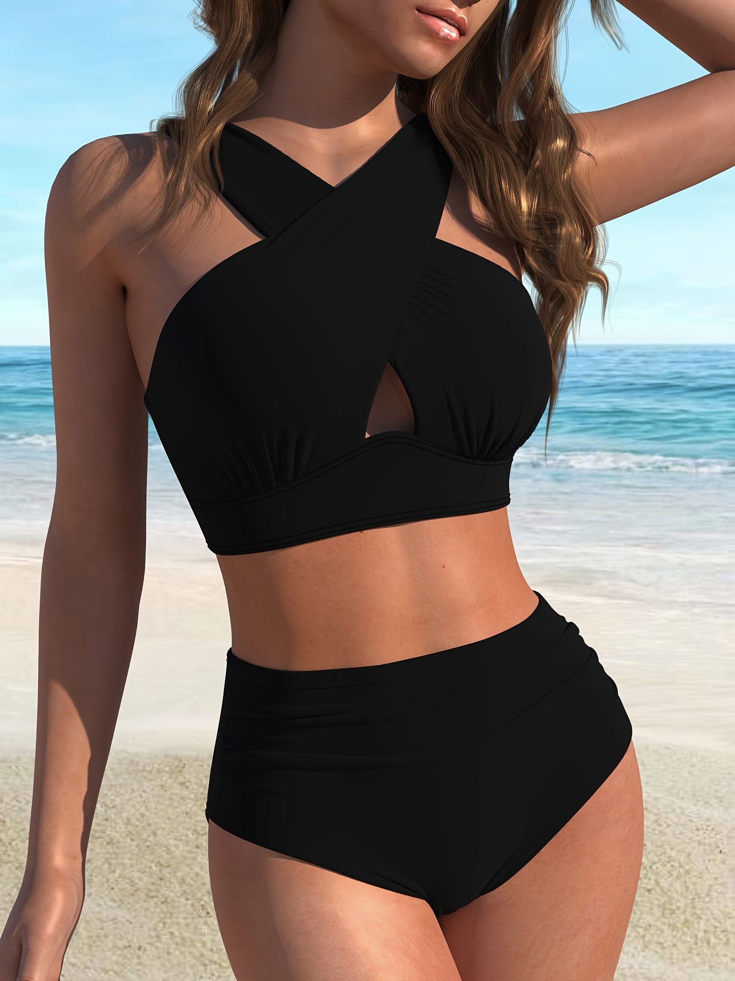 Women's sexy solid color bikini set in polyester and elastane knit fabric with high stretch and cross front detail.