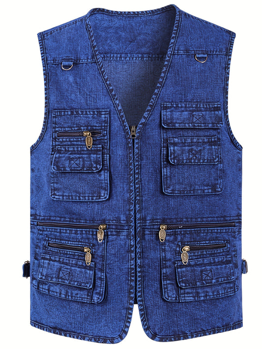 Plus Size Men's Denim Vest - Casual outdoor wear with pockets, V-neck, machine washable. Perfect for all seasons.