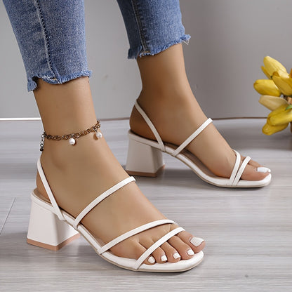 Chunky heel sandals with square toe and slip-on design for women, perfect for casual summer wear.