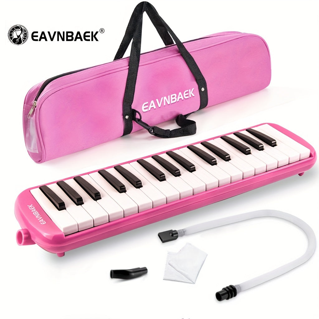 32-Key Soprano Melodica Air Piano Keyboard Pianica with Soft Long Tube & Short Mouthpiece, Durable ABS Material, Includes Carrying Bag - Black, Blue, Pink options.