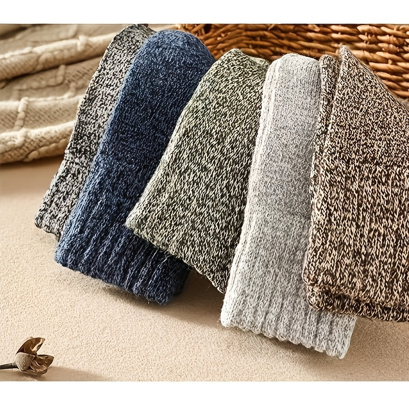 3 or 5 pairs of men's thick warm terry crew socks in solid colors for winter