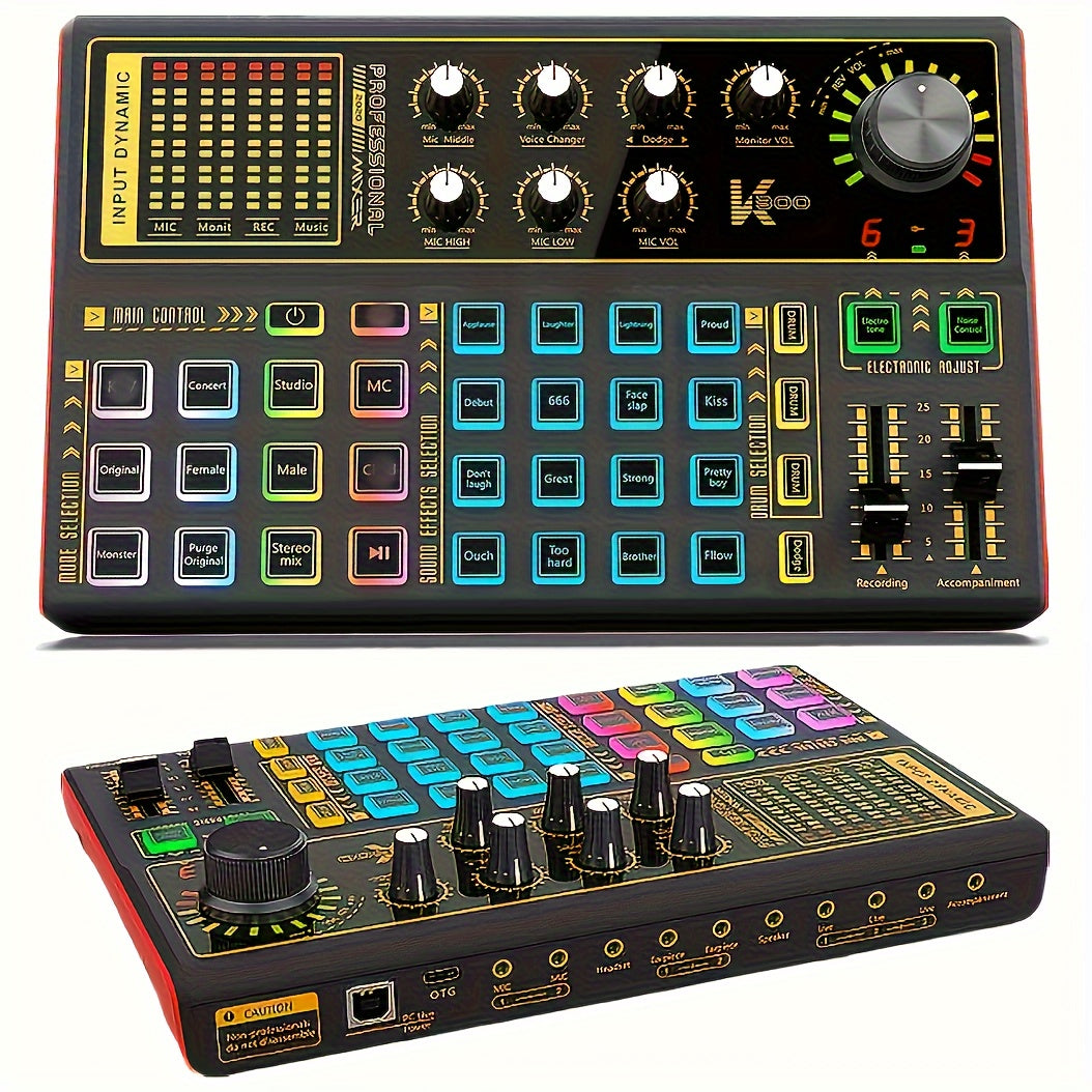 K300 Professional Sound Mixer Board with LED Voice Changer. Jonli efir, podkast, musiqa yozish va karaoke uchun ideal.