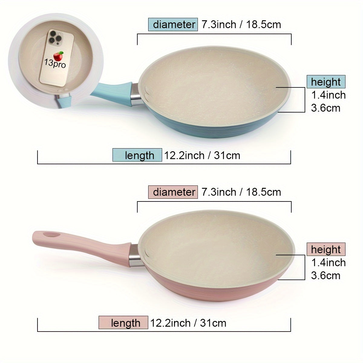 Non-Stick Egg-Frying Pan in Pink and Blue, with dimensions of 30.99cm x 18.54cm and a height of 3.56cm. Made of dishwasher-safe aluminum material.