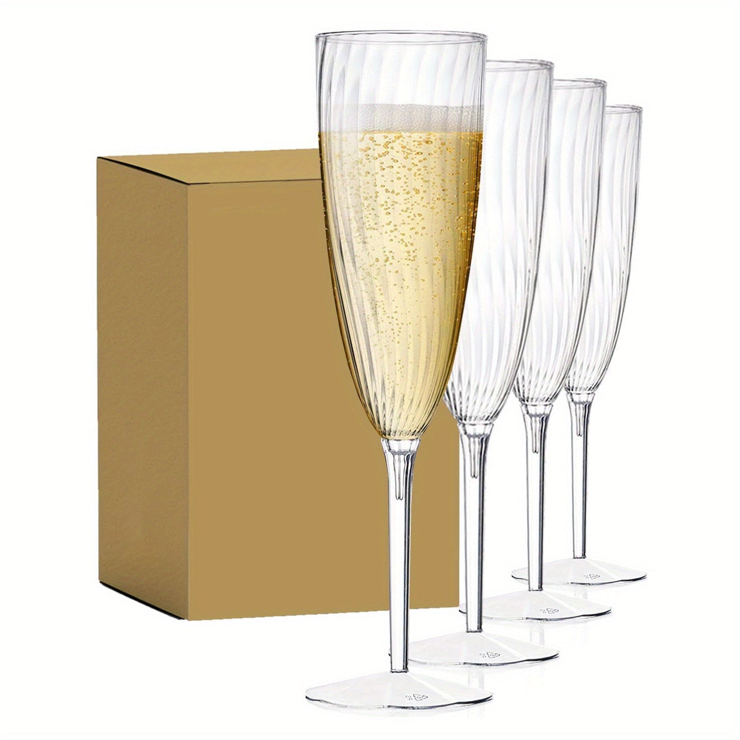 Set of 8 clear plastic flute glasses, 6 oz capacity, perfect for everyday use at home or special occasions like weddings. Ideal for toasting with champagne or other drinks at parties and weddings. Disposable and durable, making clean-up a breeze. Great