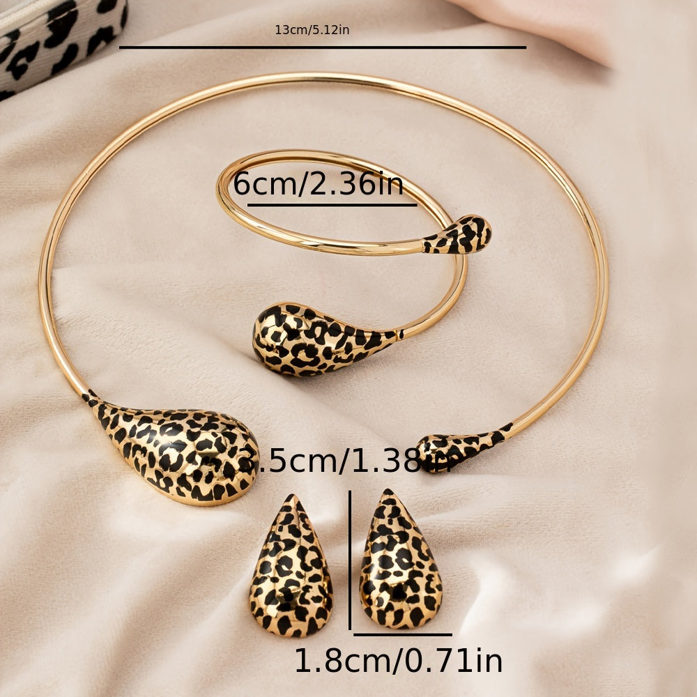 Women's Leopard Print Jewelry Set Featuring Collar, Bangle, and Stud Earrings - Made from Zinc Alloy with Stainless Steel Posts, Ideal for Everyday Wear