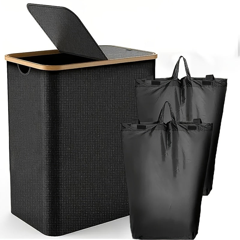 Large laundry hamper with lid and two detachable bags, perfect for organizing dirty clothes in laundry rooms, bathrooms, and dormitories. This foldable laundry basket is ideal for home organization and back to school supplies.