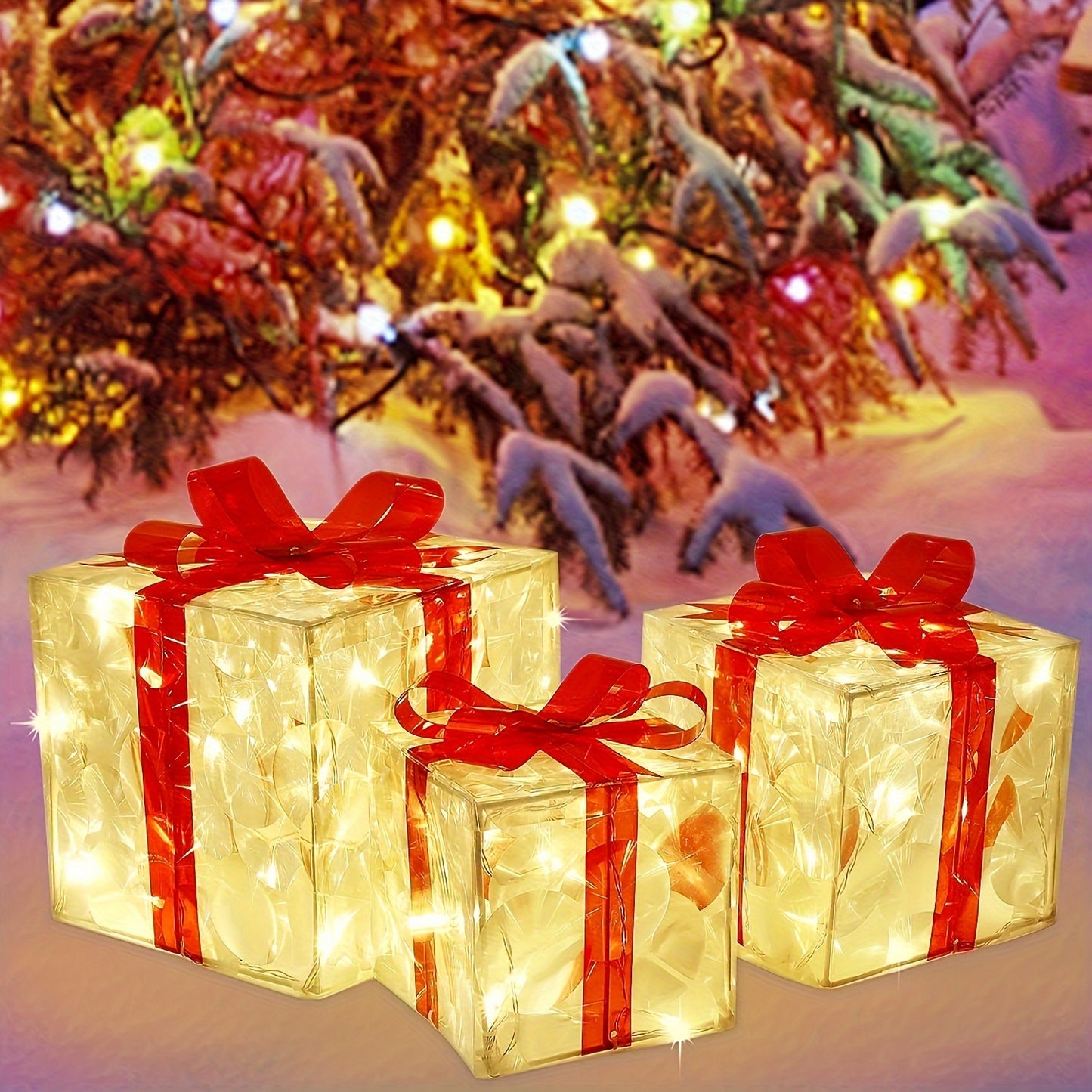 Set of 3 Christmas lighted gift boxes with warm white transparent lights and red bows for outdoor Christmas decorations.