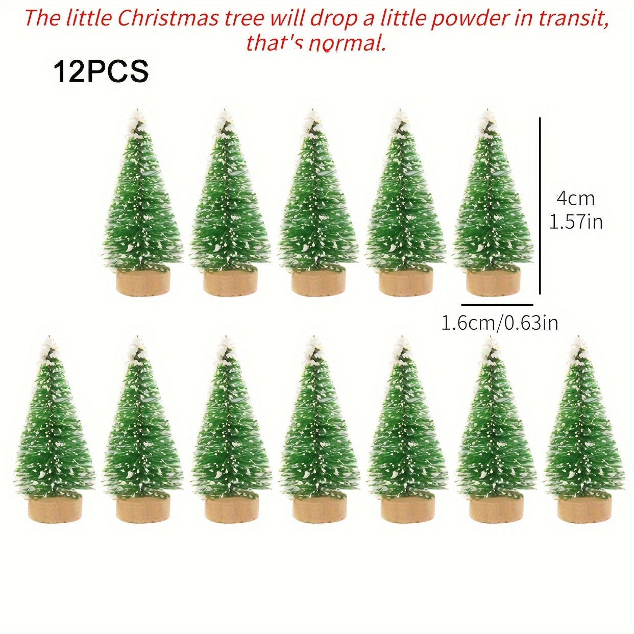 12 mini Christmas tree decorations, including fir and pine trees, for tabletop and home decor. Perfect for New Year's festivities and winter-themed parties. Ideal for creating a festive atmosphere in any room.