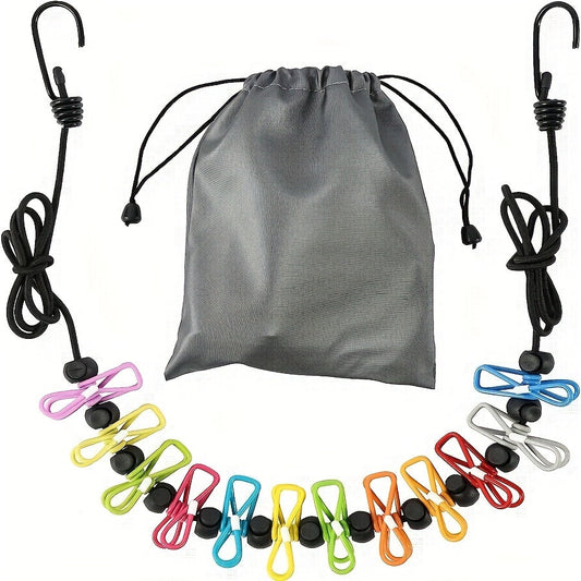 Portable retractable clothesline perfect for travel, comes with 12 clothes clips and storage bag. Ideal for indoor laundry drying and outdoor camping.