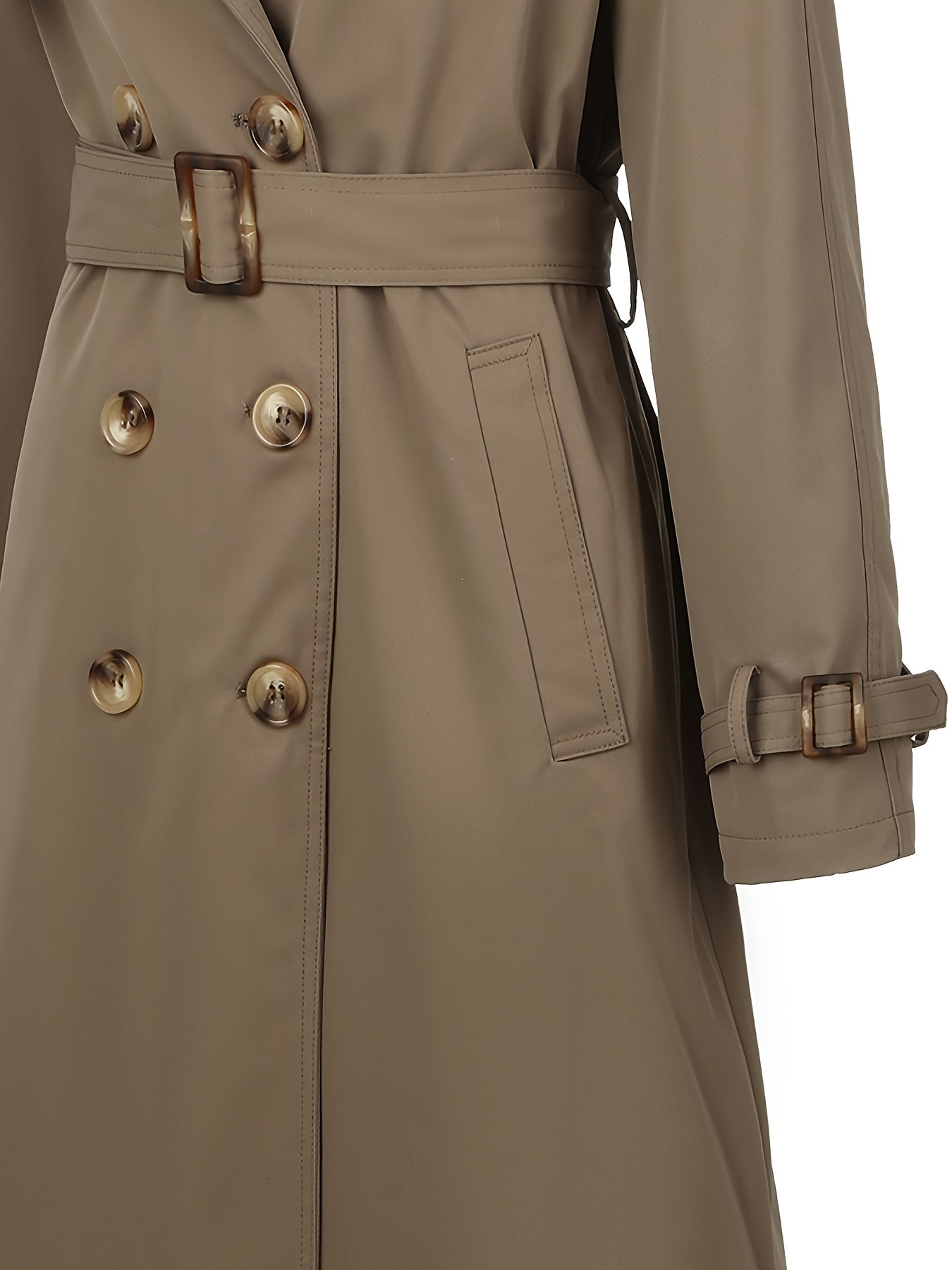 Stylish beige trench coat for women with belt, perfect for fall and winter. Made of polyester, mid-length with double-breasted front and long sleeves.