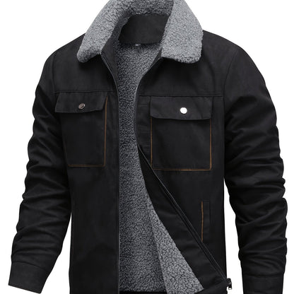 Men's Winter faux sueded jacket with fur collar, thick fleece lining, zipper closure, long sleeves, and plush comfort.