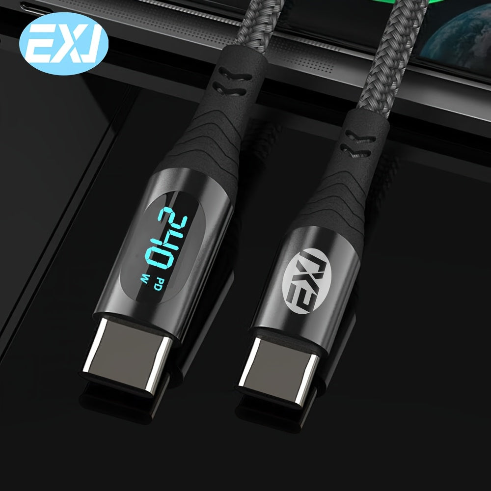 EXJ-240W Data Cable with Type C to C Fast Charging, USB A to C, Smart Digital Display, Zinc Alloy Nylon Braided Cable for iPhone, Samsung, Tablet, iPad, Mobile Phone, Power Bank, and Other