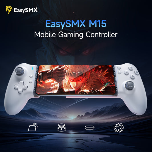 EasySMX M15 Mobile Gaming Controller is compatible with Android & iPhone 15 Series and later models. It features wireless BT connectivity, 6-level vibration feedback, advanced mechanical