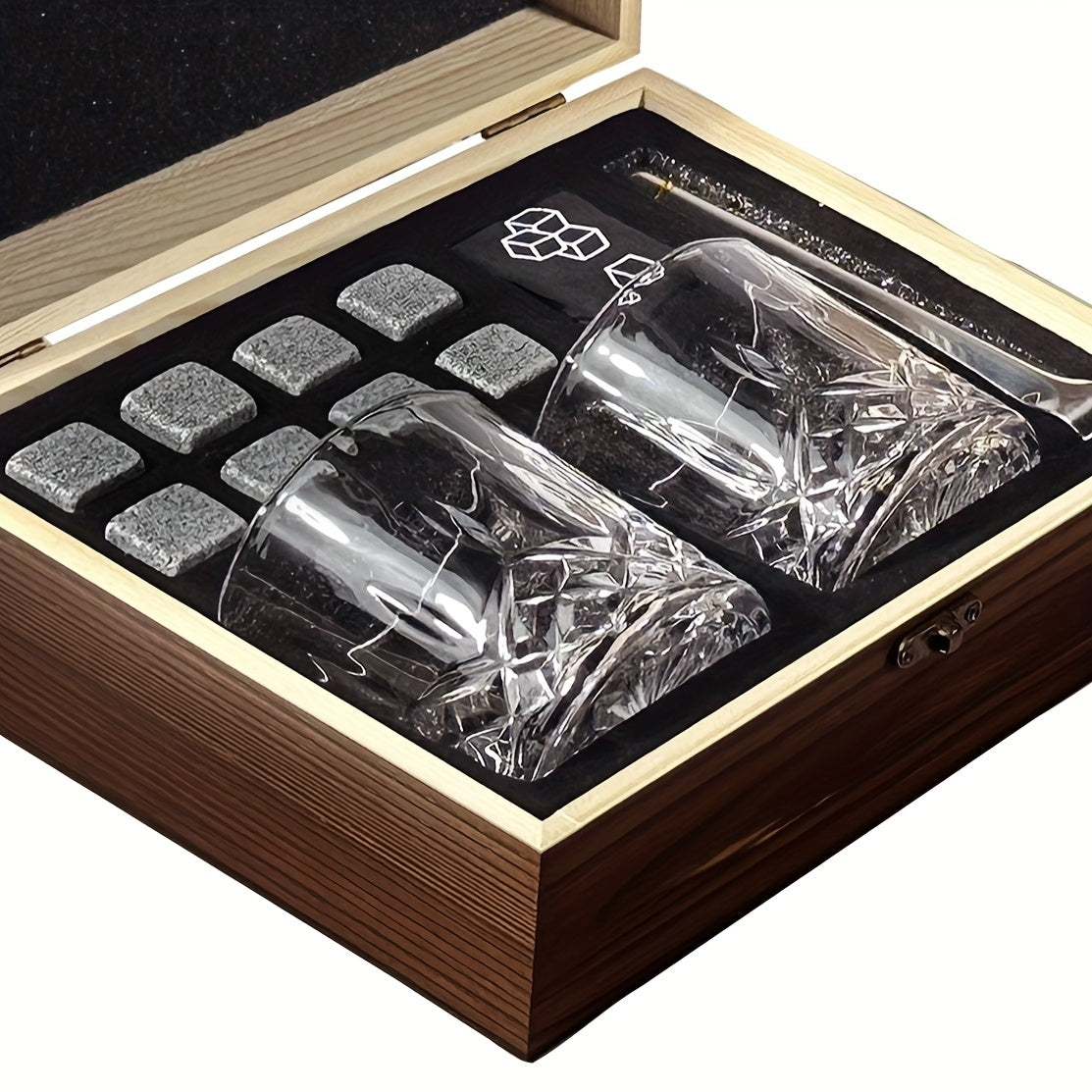 1 Set of Whiskey Glass Set with 8 Stones, 2 Glasses, Ice Tongs, Reusable Stones; Perfect Men's Gift for Father's Day or Anniversary; Ideal for Bar Parties