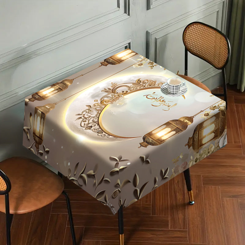 Eid Al Fitr tablecloth in polyester with golden moon and lantern pattern, waterproof, stain resistant, easy to clean, reusable, suitable for indoor/outdoor use in kitchen and dining room.