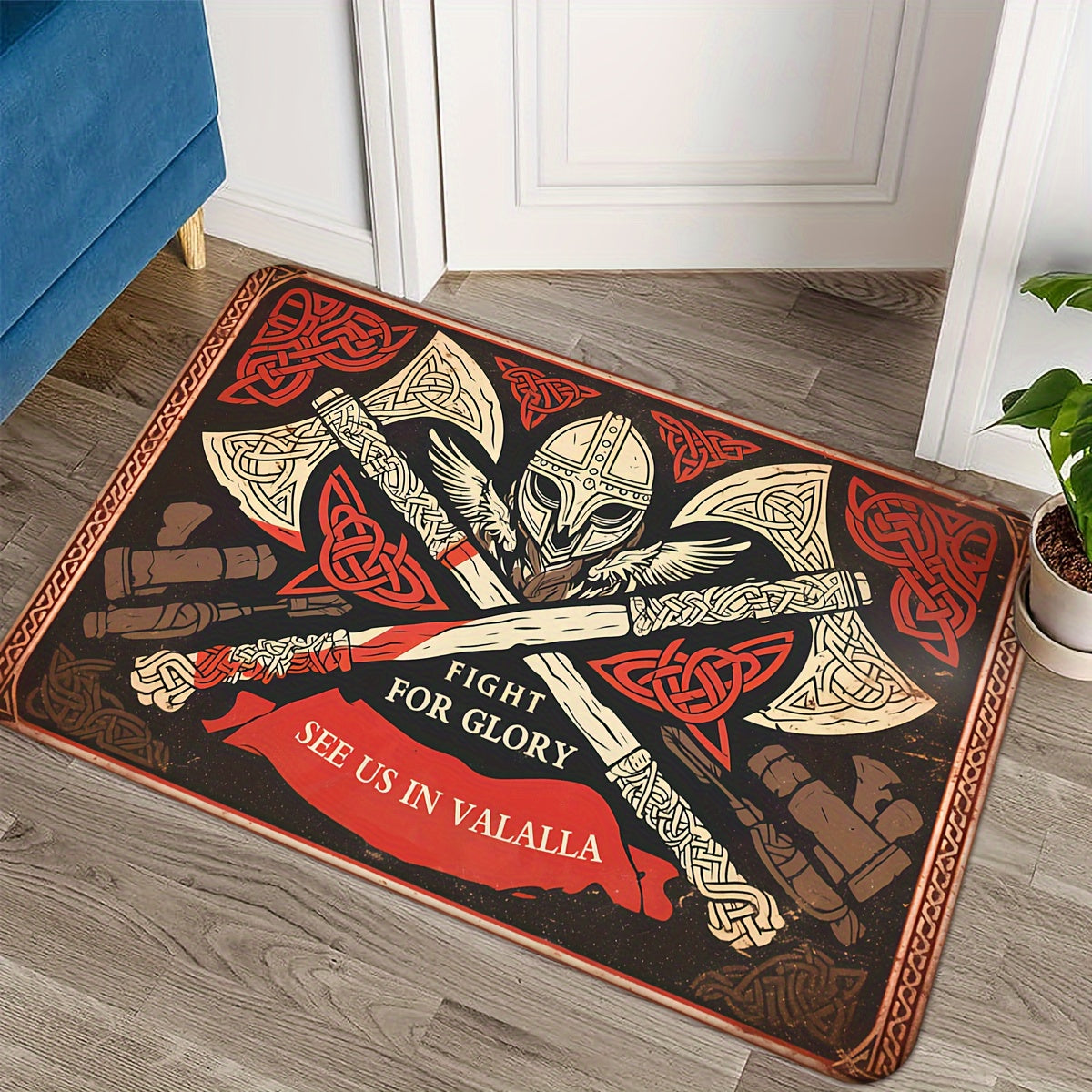 Flannel mat featuring retro Celtic axes print, 1 piece. Made of non-slip polyester material with a thickness of 1.2cm. Machine washable and fade resistant. Low pile design for soft absorption, suitable for bedroom, living room, or entryway decor.