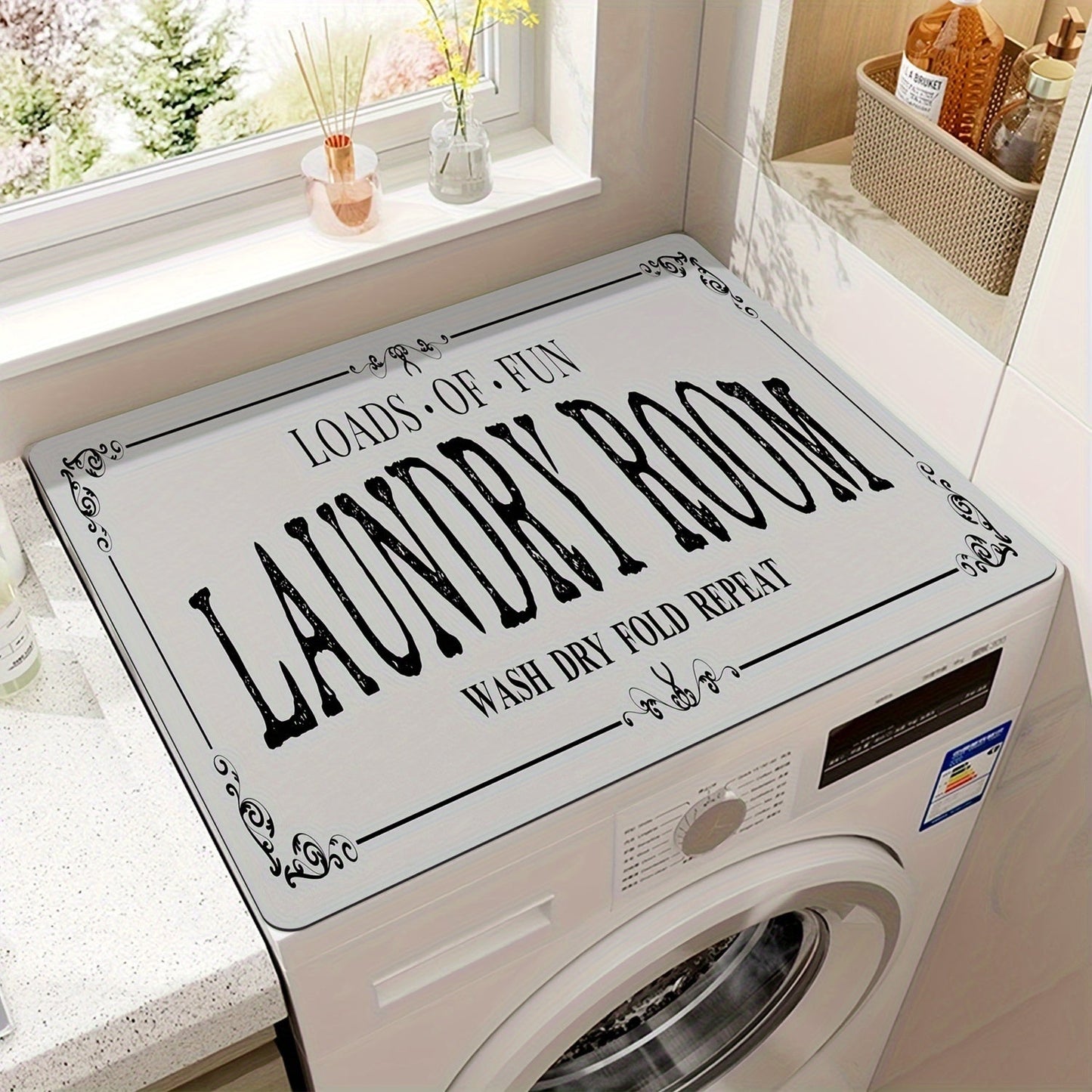 One piece Mandala Vintage Plaid Print Dust Cover for Washing Machine and Dryer. Measures 50.8cm x 101.6cm. Stain-Resistant, Non-Slip Storage Mat and Drain Mat included.