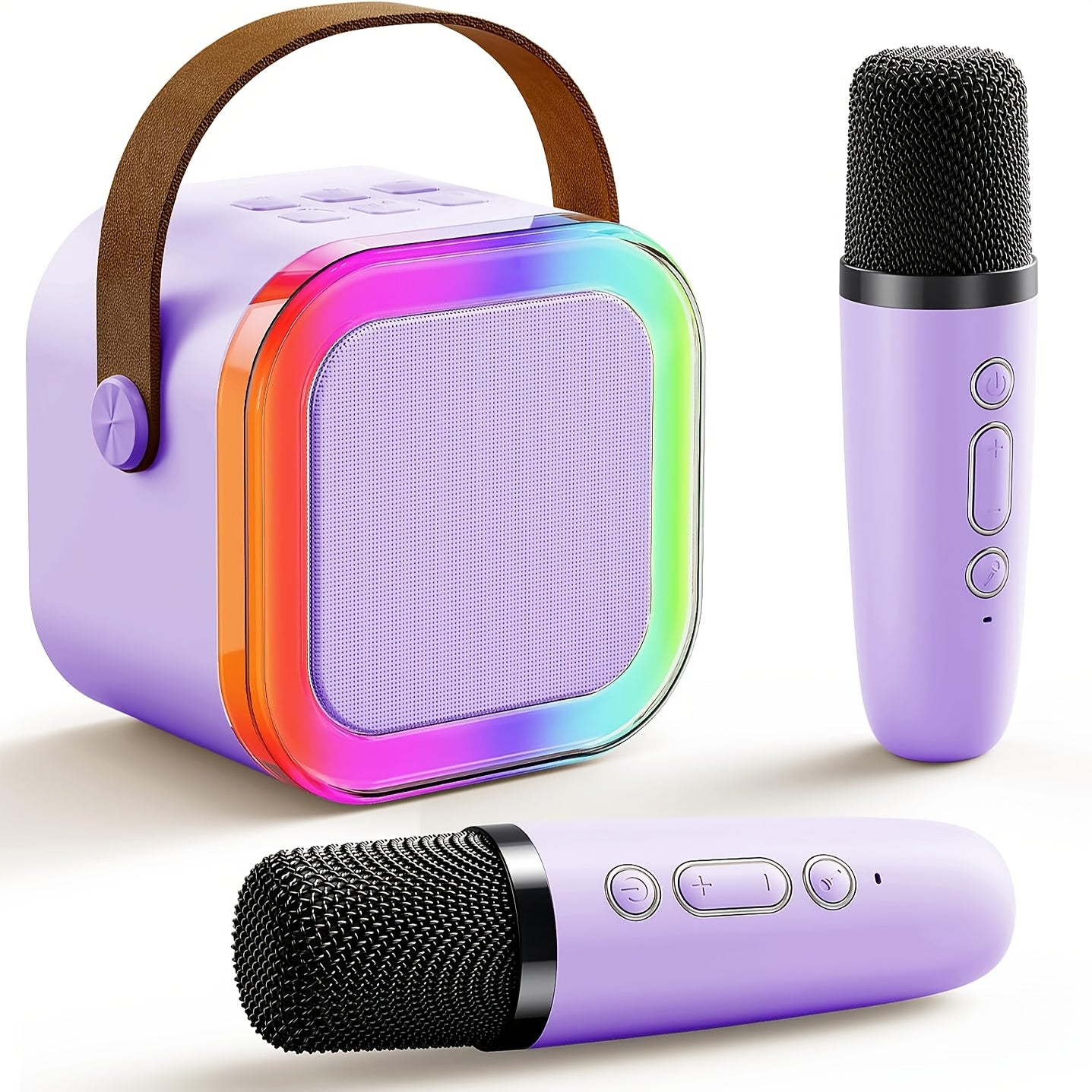 Portable adult karaoke machine with 2 wireless microphones, RGB lighting, TF card/USB support, gift box packaging in purple/black. Compatible with all smartphones.