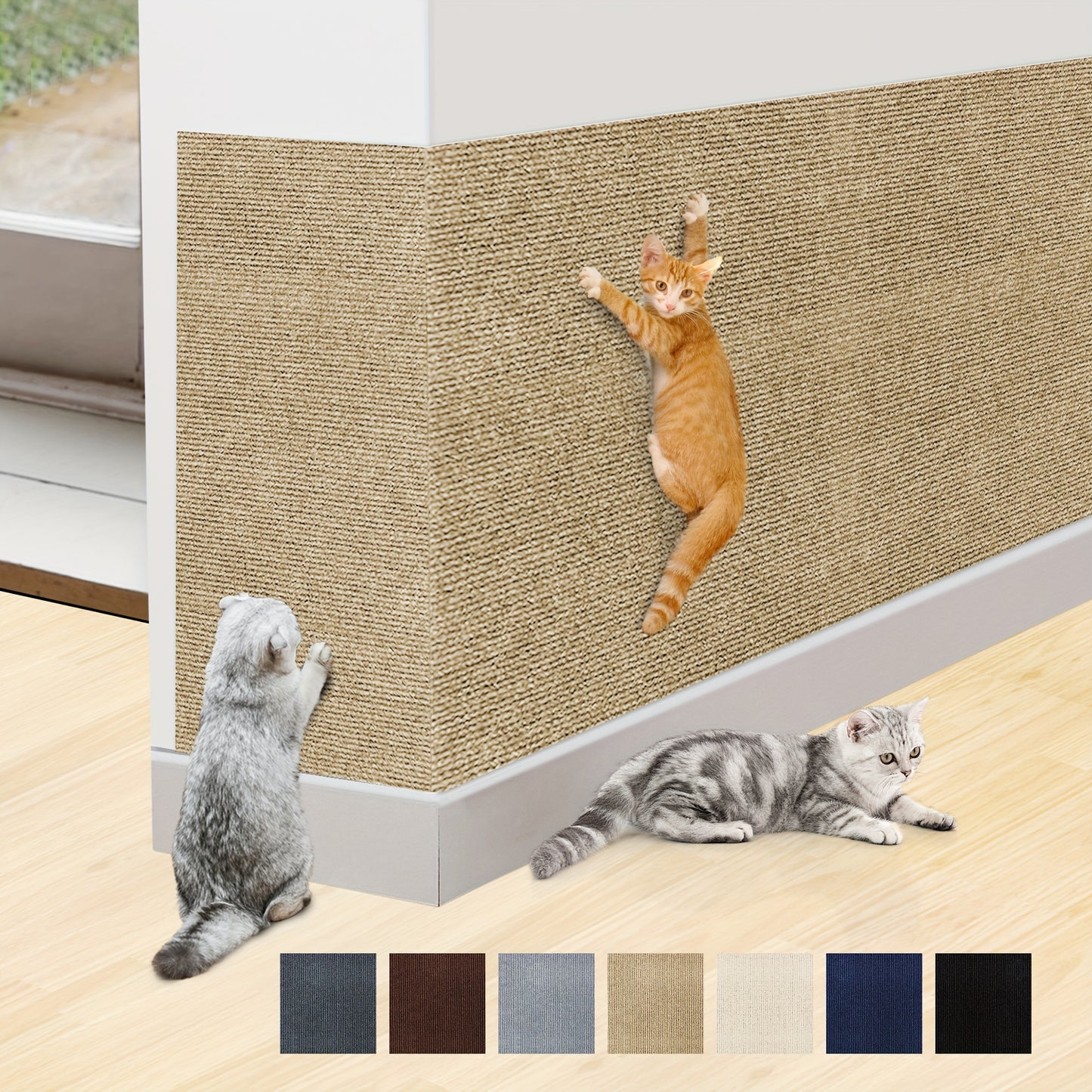 Durable cat scratching mat made of long-lasting polyester, easy to install and customizable for furniture protection and claw care.