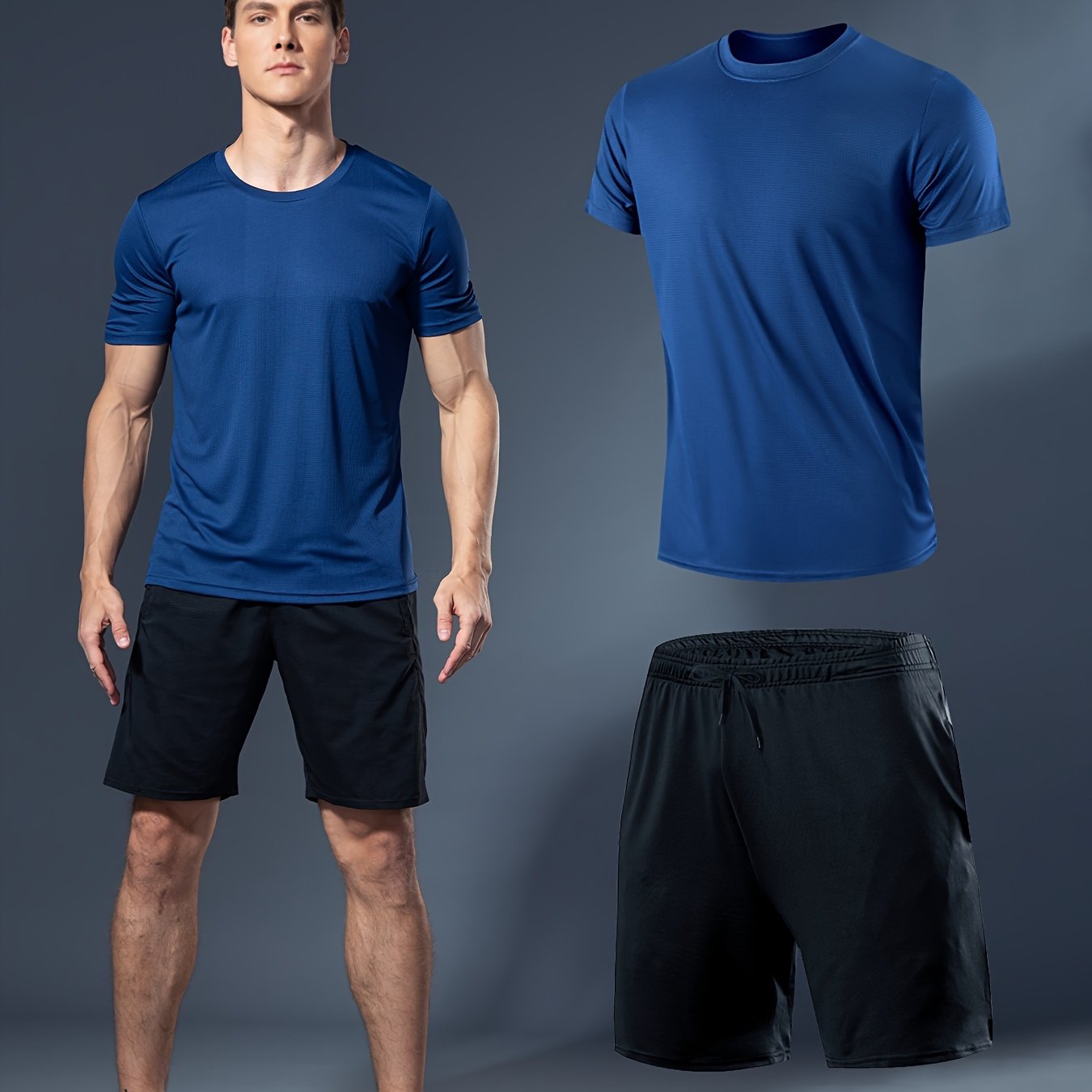 Summer men's fitness set includes white t-shirt and black shorts made of lightweight, quick-dry, breathable polyester for running, basketball training, and athletic wear.