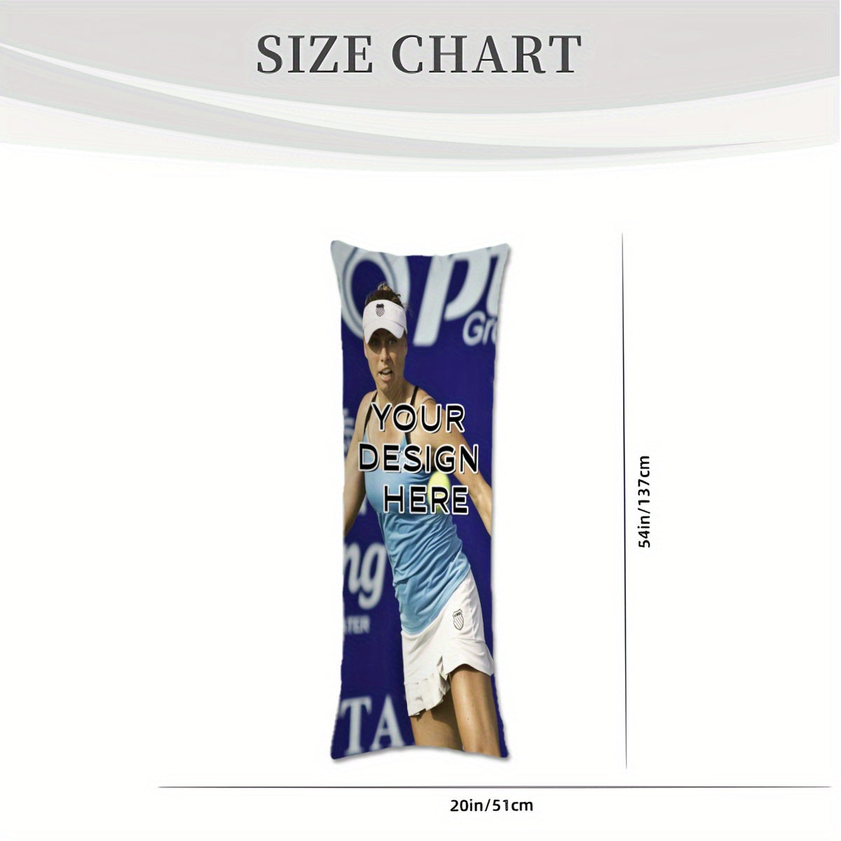 Long body pillow with custom picture and text, personalized pillowcase featuring idols, anime characters, or loved ones. Made of short plush material with double-sided printing. Does not include pillow core. Size: 50.8 × 137.16 cm.