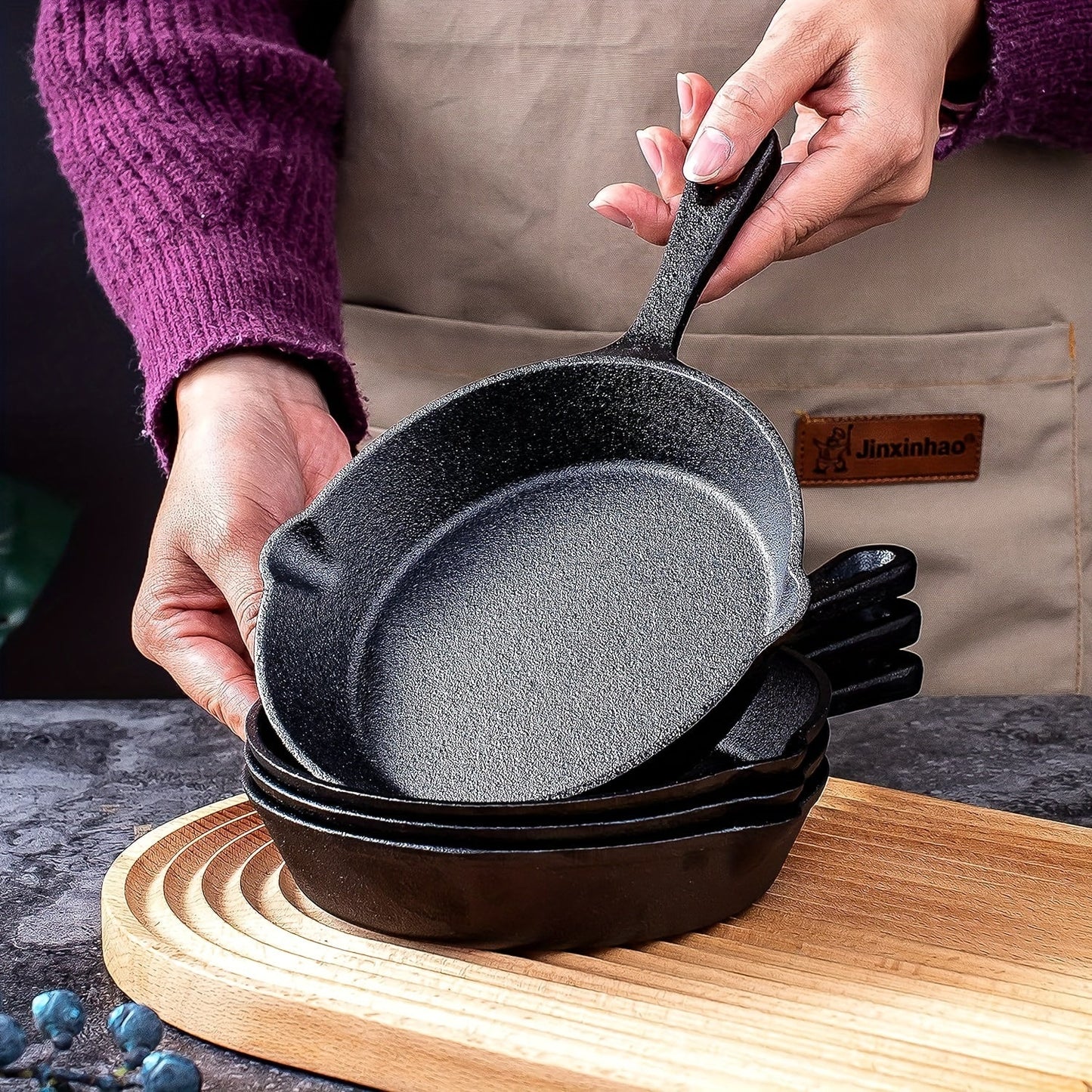 Set of 4 premium black, pre-seasoned cast iron frying pans - includes oven safe skillet, grill pan, nonstick cookware and bakeware perfect for casserole dish cooking in the fall season.