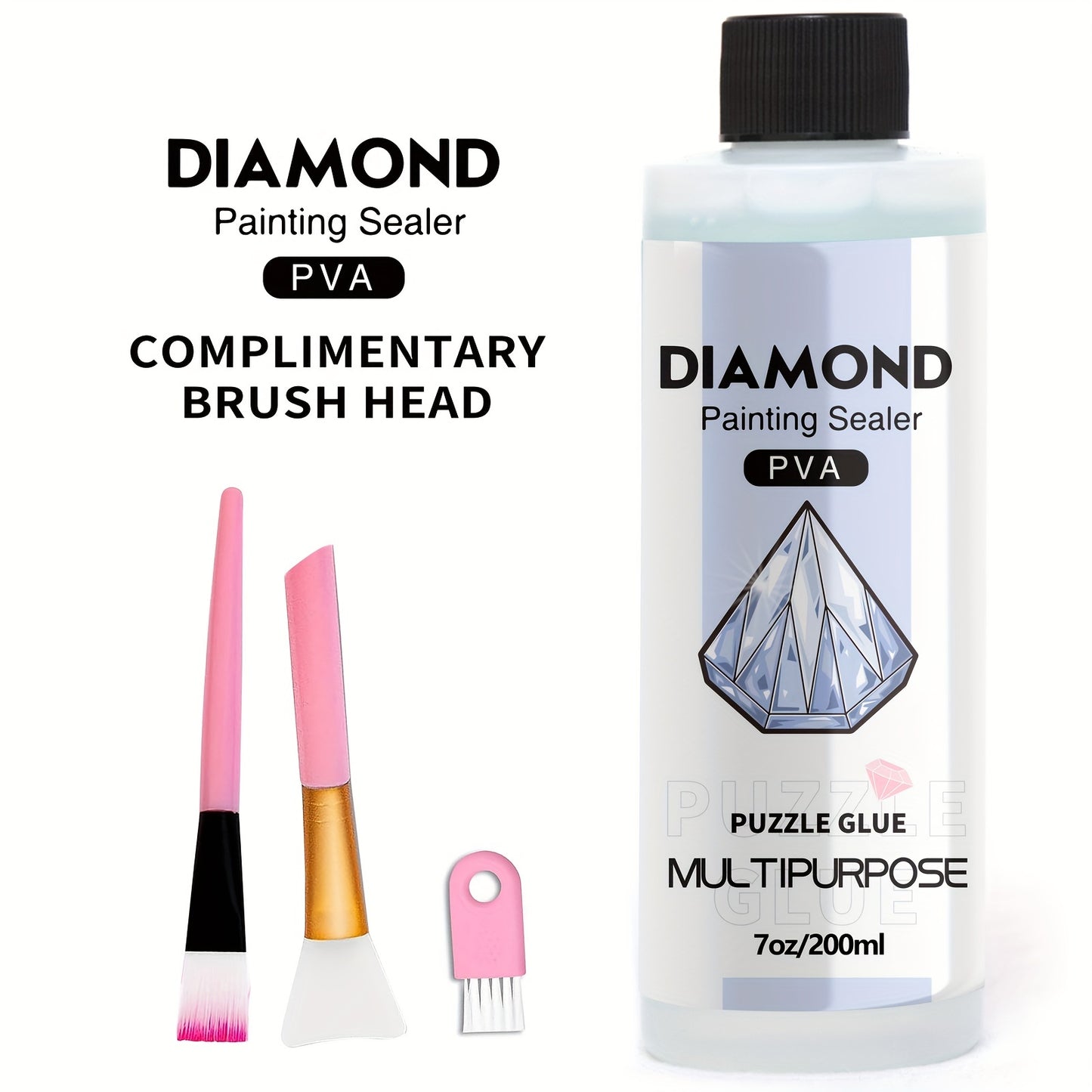 Diamond painting sealer with 3 brushes for permanent hold & shine effect on 5D diamond painting and puzzles, available in 60ml or 200ml.