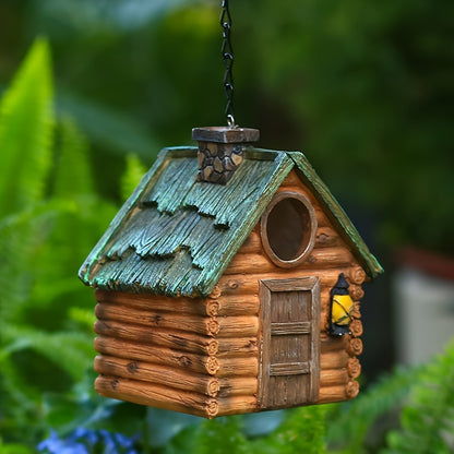 Wooden birdhouse with LED lights, ABS resin crafted, outdoor garden decor, winter nest for birds, hanging ornament.