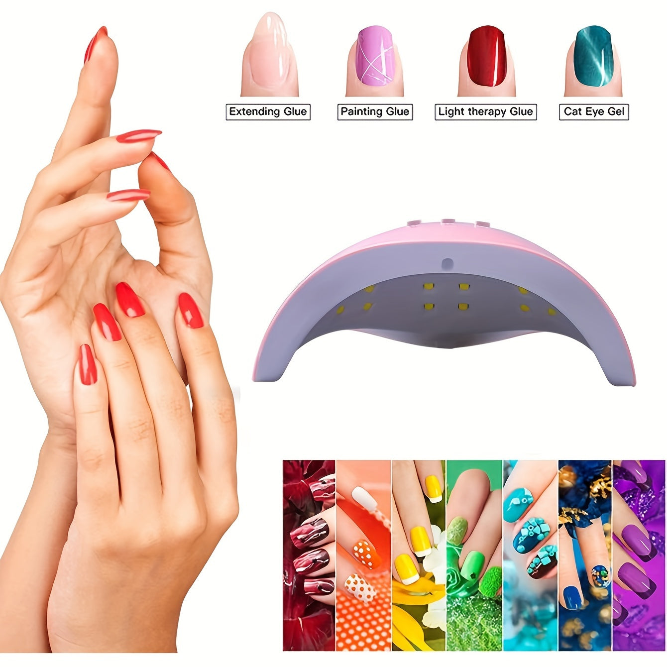 Nail art tool set with USB nail lamp, polisher, cuticle tools, and finger dividers.