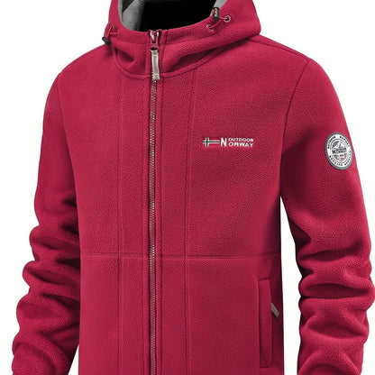 Men's fleece jacket with hoodie, zipper pockets, warm and windproof for outdoor sports in autumn and winter.