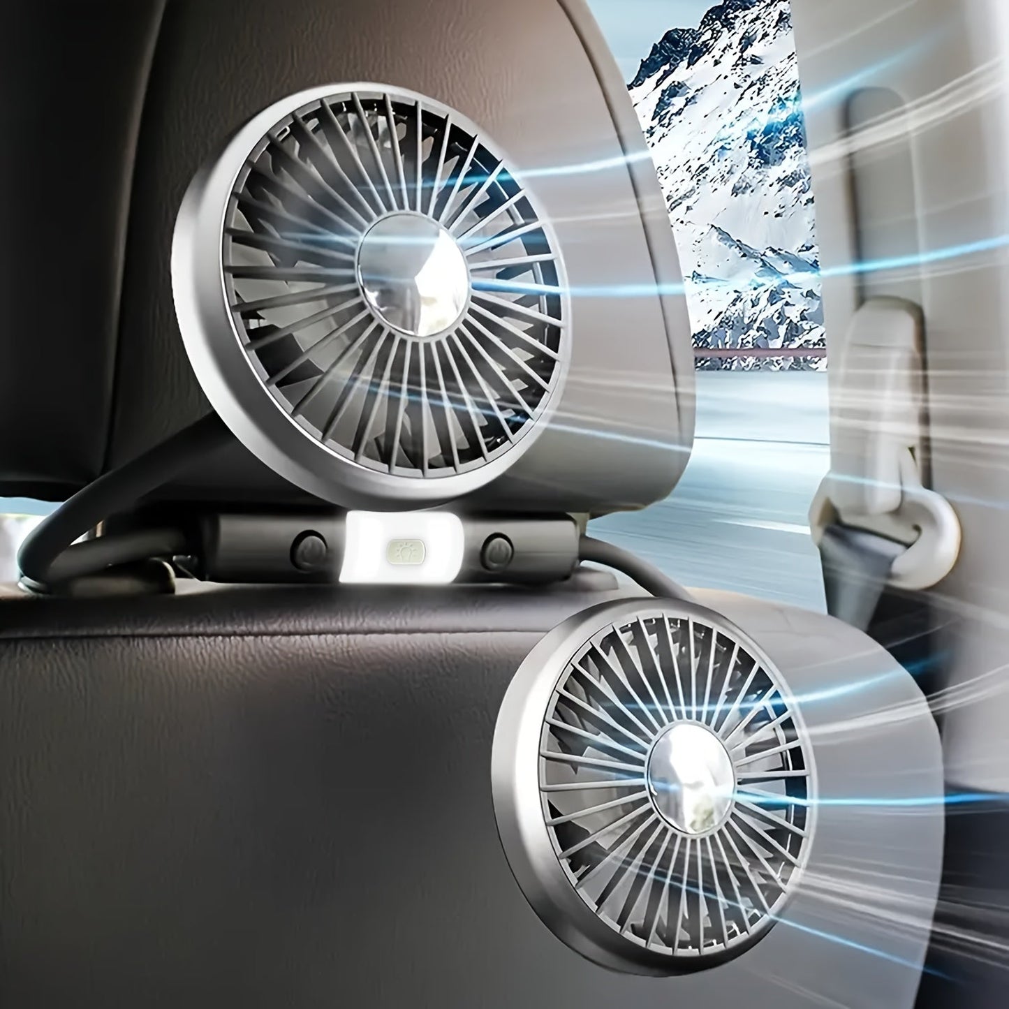 The Anirun Dual-Head Car Fan features adjustable angle, powerful wind output, and effortless installation. This fan is USB powered, requiring no batteries, making it ideal for all seating positions in your car.