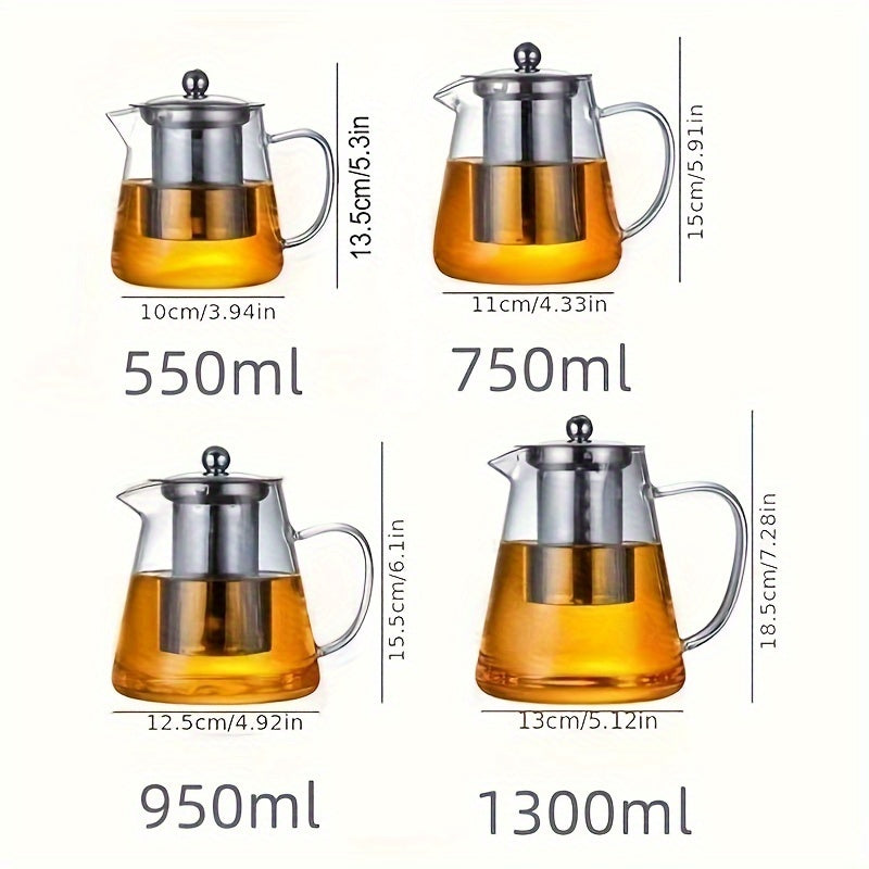 Chic glass teapot with stainless steel infuser – durable, dishwasher safe, ideal for brewing tea on gas stoves at home.