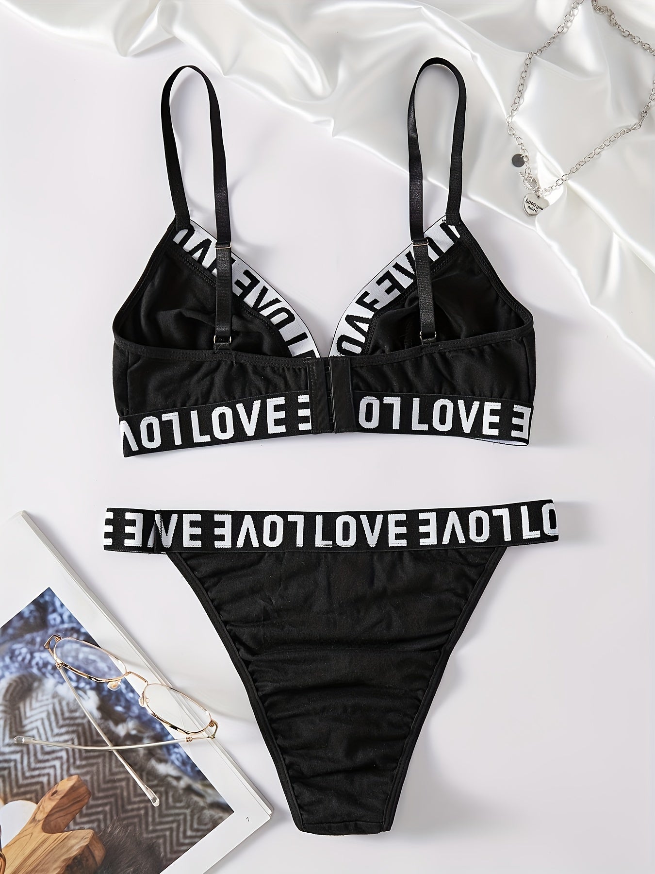 Compare printed letter bra and panties with soft strap lingerie set for women.