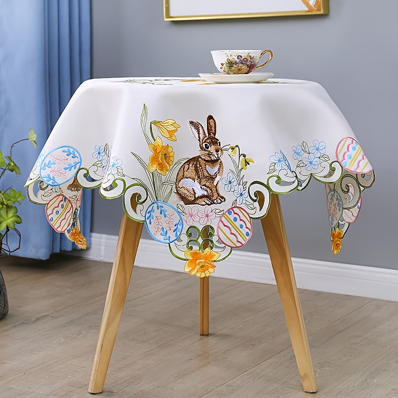 Elegant Easter Bunny & Egg Table Runner: 100% polyester with handcrafted floral design, perfect for Spring celebrations and home decor.