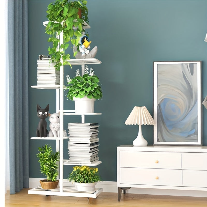 Multi-tier metal flower stand suitable for various settings like living rooms, balconies, and gardens. Ideal for displaying potted plants and books.