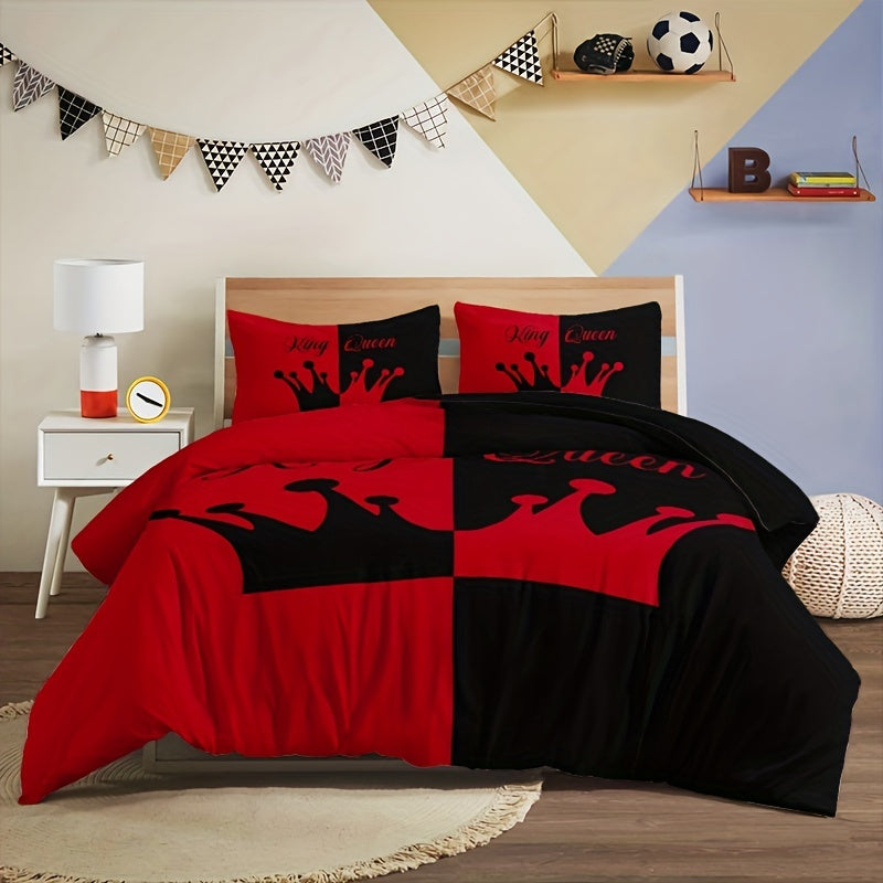 Black and red crown pattern bedding set includes 3 pieces: 1 duvet cover and 2 pillowcases. Soft and perfect for bedroom or guest room. Duvet cover set does not include core.