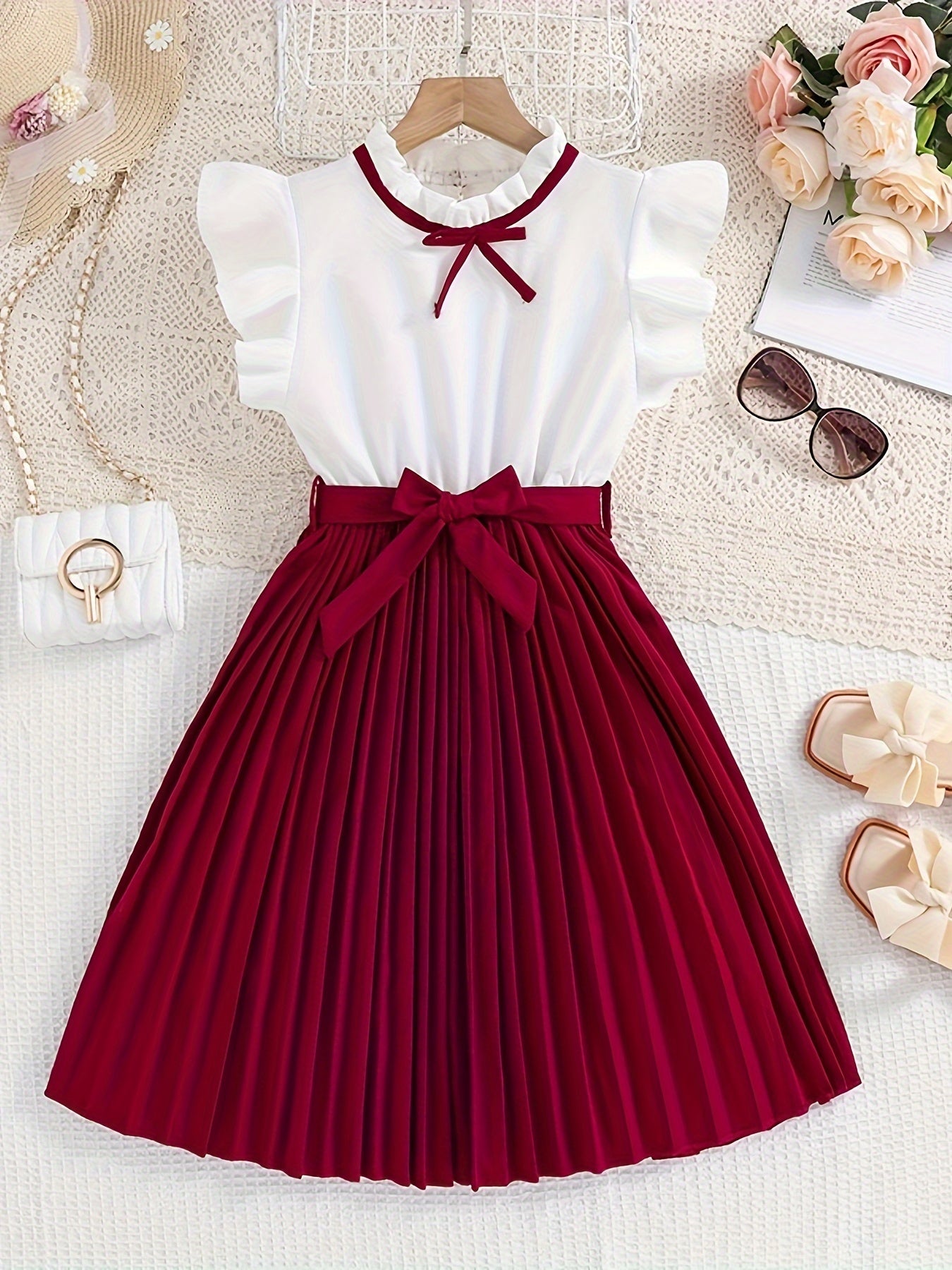 Stylish Color-Blocked Pleated Dress for Girls - Perfect for Parties, Outings, Summer