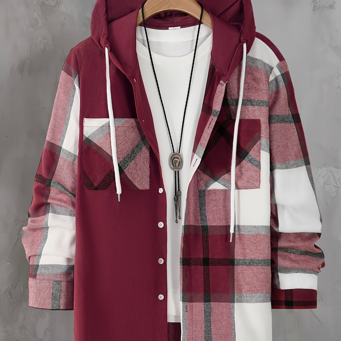 Men's plaid hoodie shirt with pockets, long sleeve, woven polyester, for spring/fall, unisex-adult, plus size.