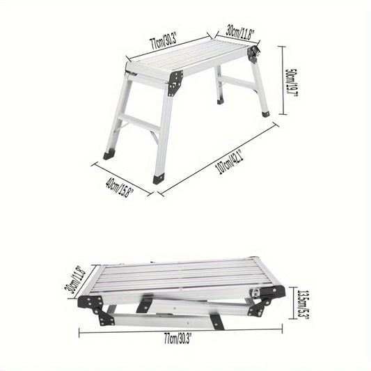 Portable aluminum step stool ladder with 149.7Kg load capacity and non-slip feet. Ideal for vehicle washing, cleaning, painting, and decorating. Does not require a battery.