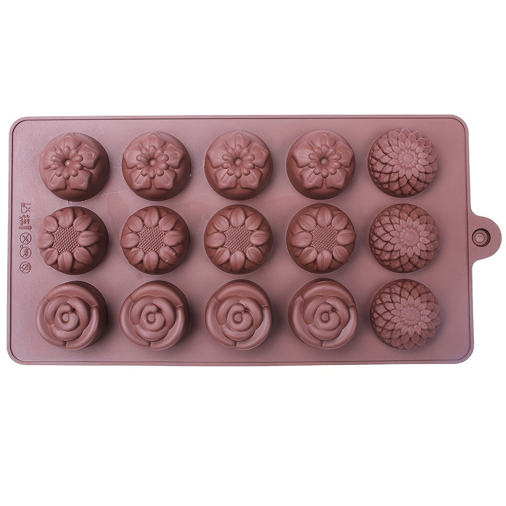 15 small flower-shaped chocolate silicone molds for DIY handmade soap, candy, jelly, mousse, and desserts. Includes 4 different kinds of flower shapes. Perfect for baking and crafting projects.