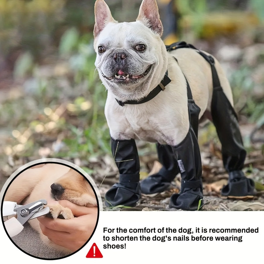 Durable, adjustable waterproof dog boots with warm linings and reflective safety features. Machine washable, suitable for all seasons and all size breeds. Designed for outdoor use with