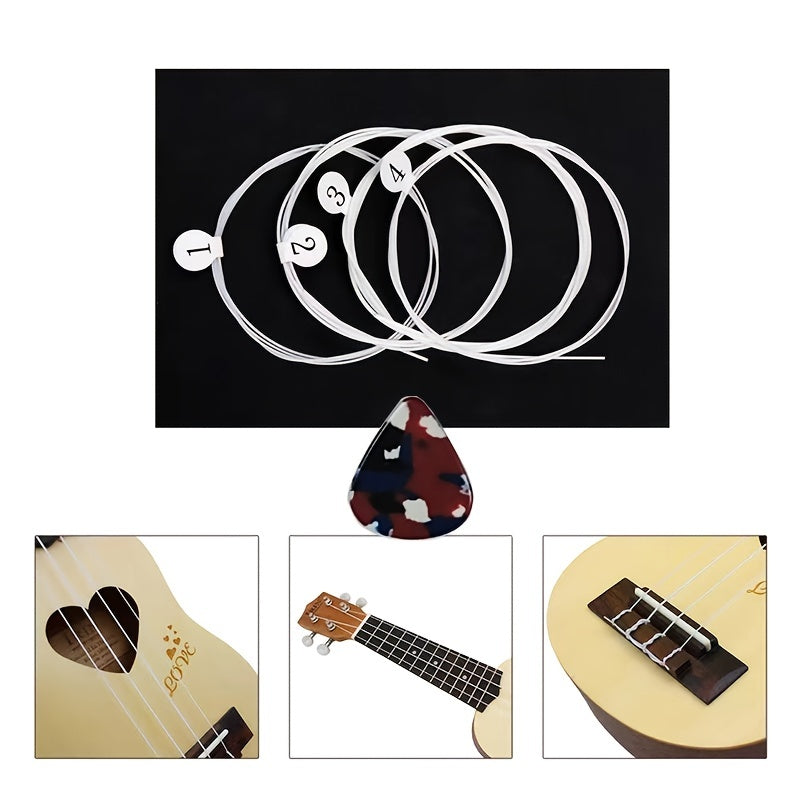 Ukulele strings for 21-inch, 23-inch, and 26-inch guitars, comes with 2 random colored picks.