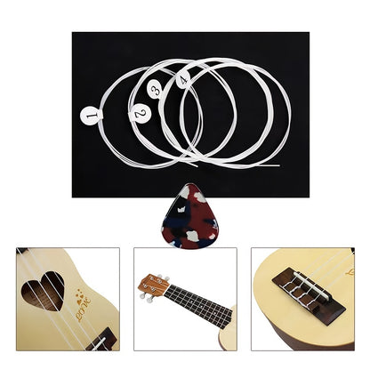 Ukulele strings for 21-inch, 23-inch, and 26-inch guitars, comes with 2 random colored picks.