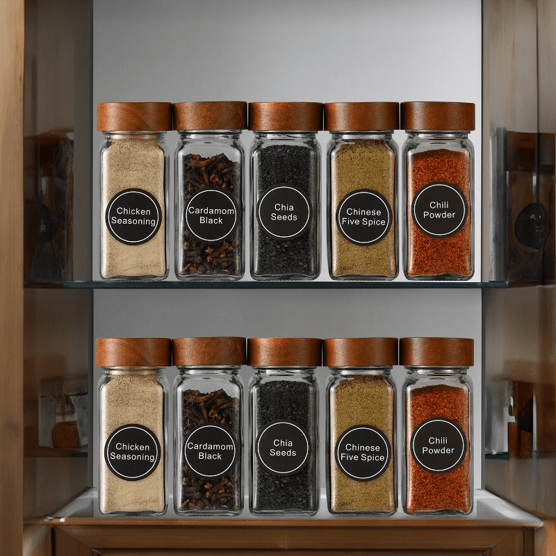 12-Pack Square Spice Jars, Acacia Wood Pepper Shakers, Glass Condiment Containers, Large Bowls with Lids, Serving Utensils