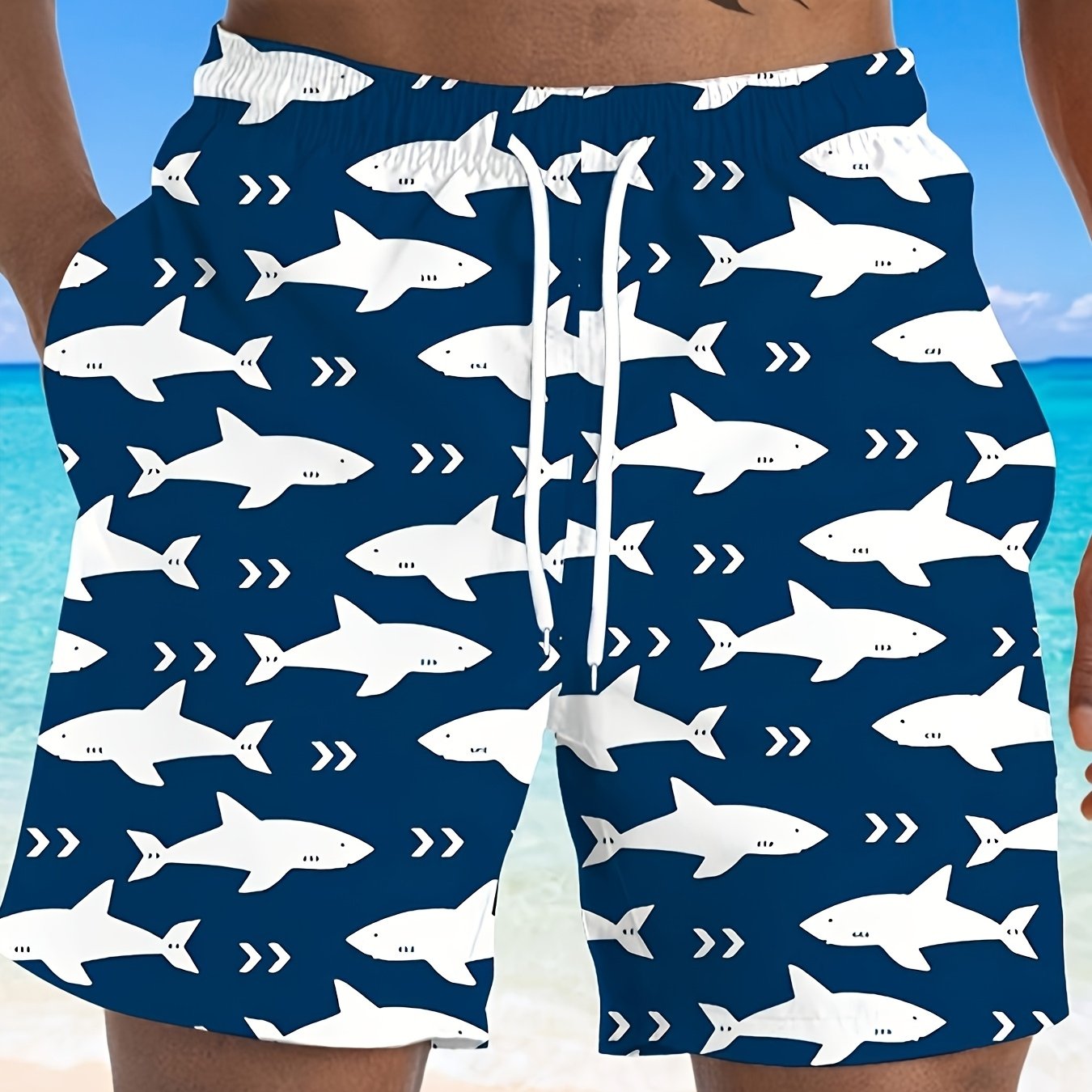 Quick-dry ocean style swim shorts for men with shark print, in plus size