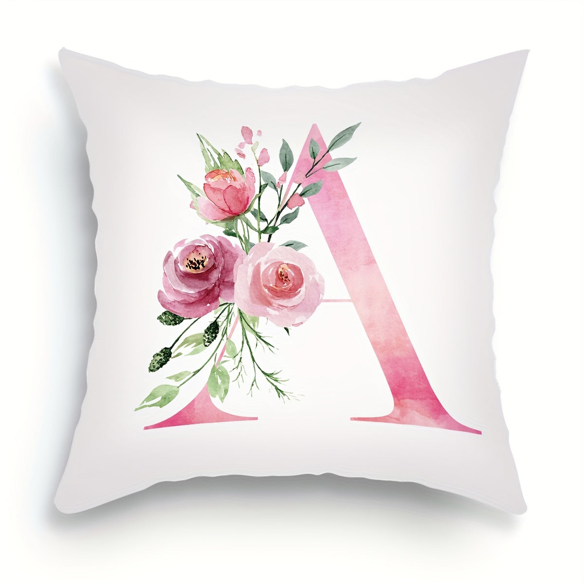 18x18 inch Alphabet Floral Pillow Cover featuring A to Z English Letters in pink print. Ideal for adding a contemporary touch to sofa, living room, or bedroom decor. Single-sided printing, insert not included.