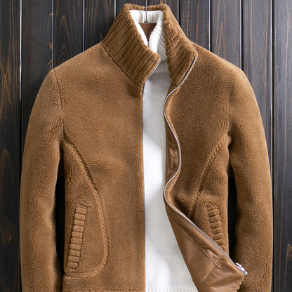 Men's Casual Faux Fur Jacket made of 7% Wool and 93% Polyester with solid color, stand collar, zipper closure, cold resistance, and non-stretch knit fabric. Ideal for hiking and outdoor