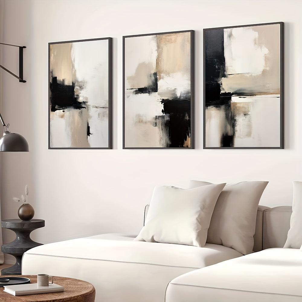 3 contemporary abstract canvas prints in black and beige for modern home decor - suitable for living room, bedroom, or office. Frame not included.